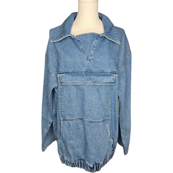 Vintage J Peterman Jacket Denim Anorak Pullover Chore Kangaroo Pocket‎ Mens M - Picture 1 of 10